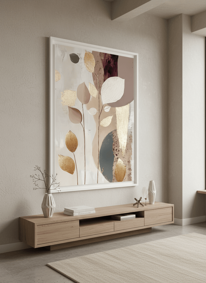 Monumental artwork centred on a feature wall in a luxe interior
