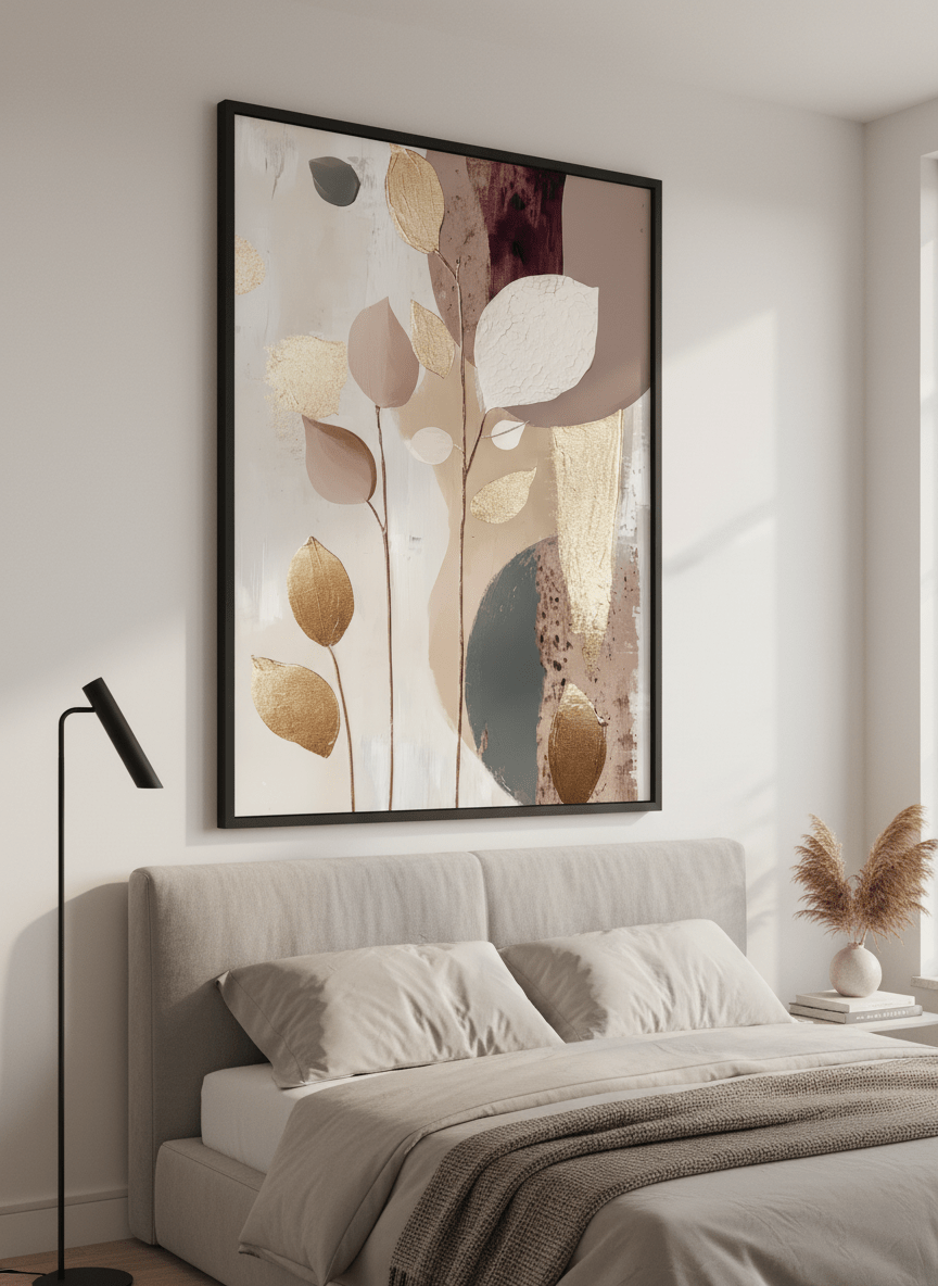 Minimalist artwork displayed in a calm, light-filled bedroom interior