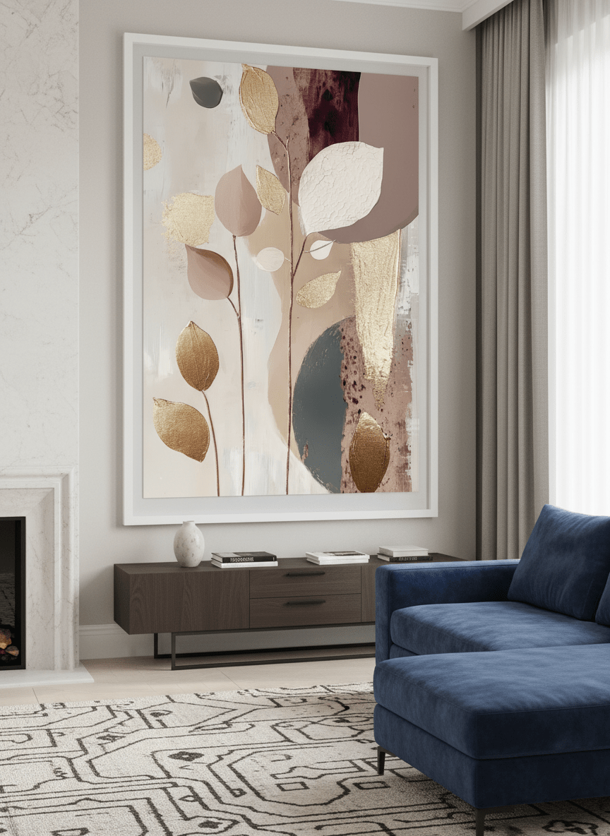 Monumental artwork centred on a feature wall in a luxe interior