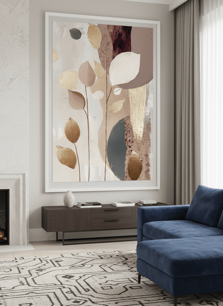 Monumental artwork centred on a feature wall in a luxe interior