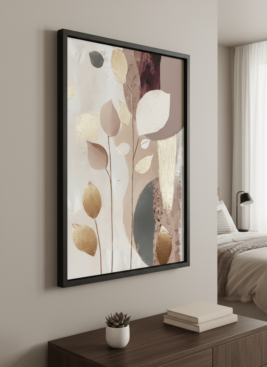 Minimalist artwork displayed in a calm, light-filled bedroom interior