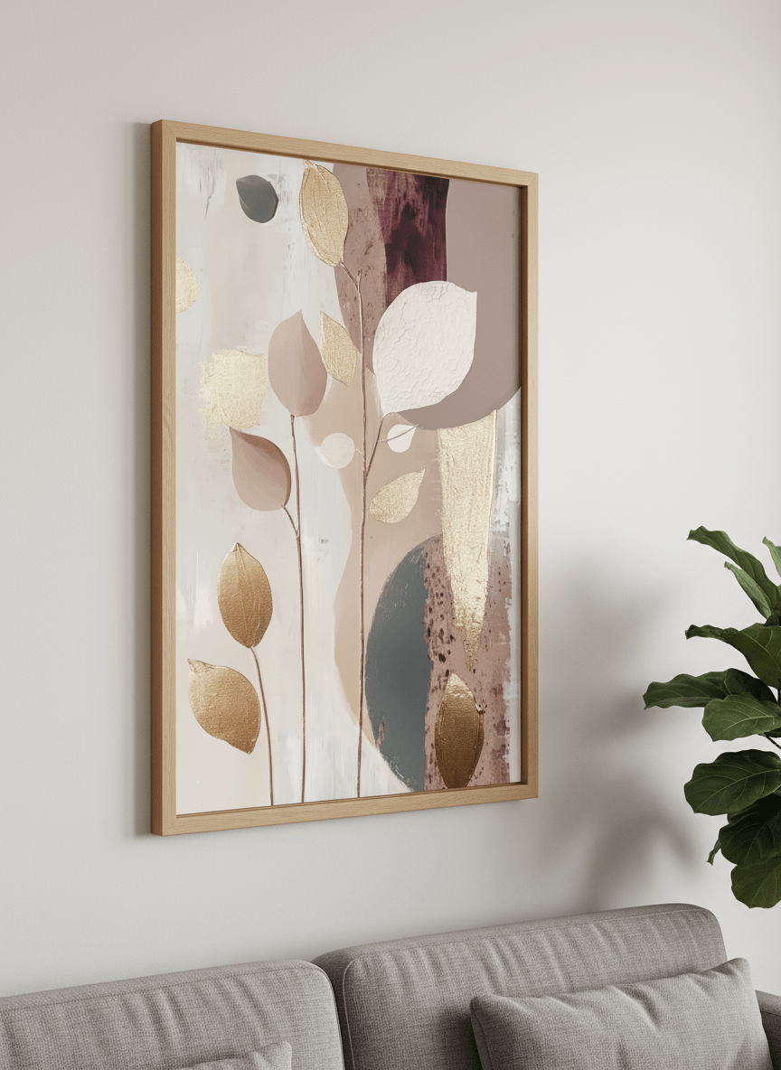 Modern wall art styled above a sofa in a neutral living room