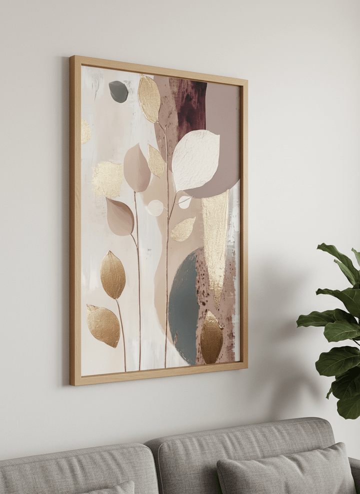 Modern wall art styled above a sofa in a neutral living room