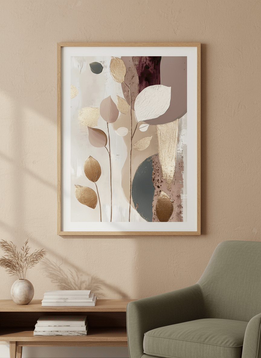 Modern wall art styled above a sofa in a neutral living room