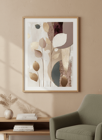 Modern wall art styled above a sofa in a neutral living room
