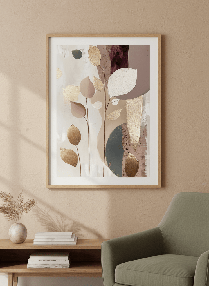 Modern wall art styled above a sofa in a neutral living room