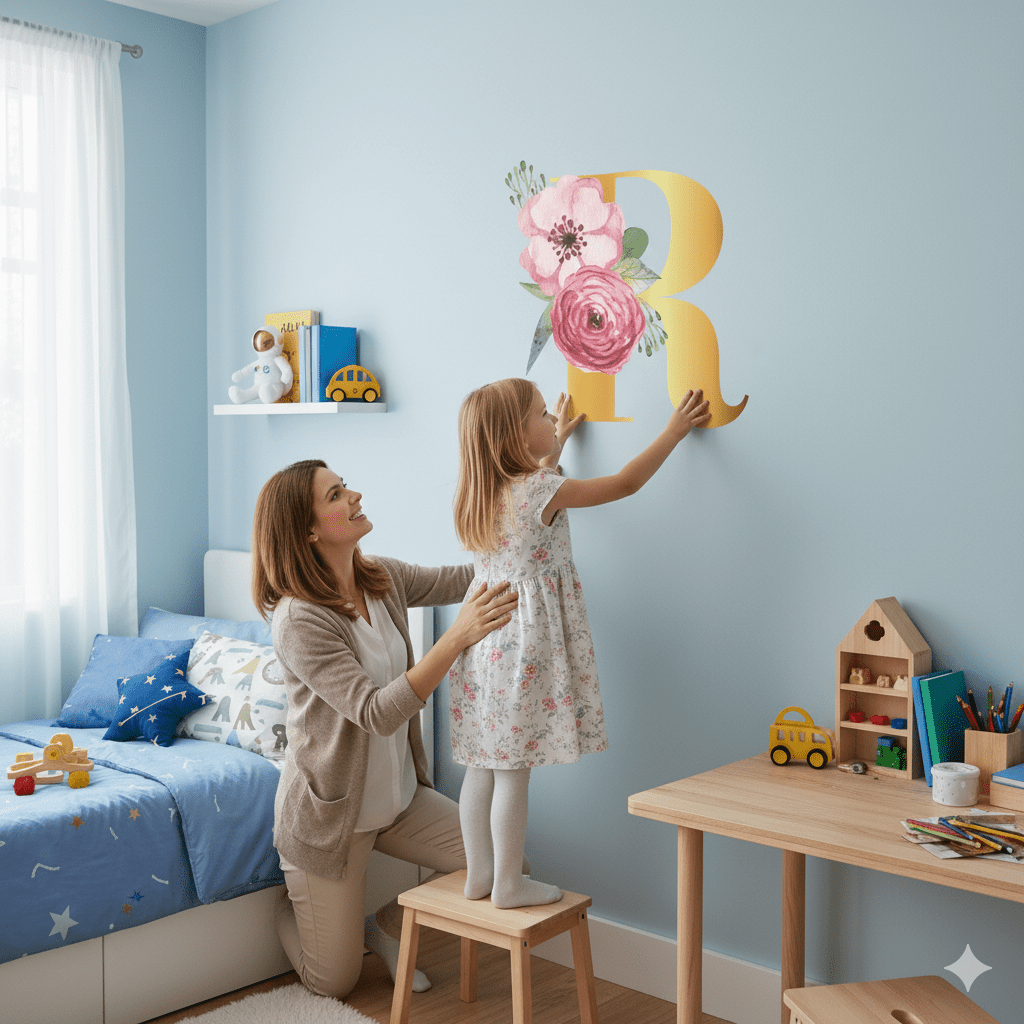 Floral Gold Initial Wall Decal - Girls wall - art - picture - poster
