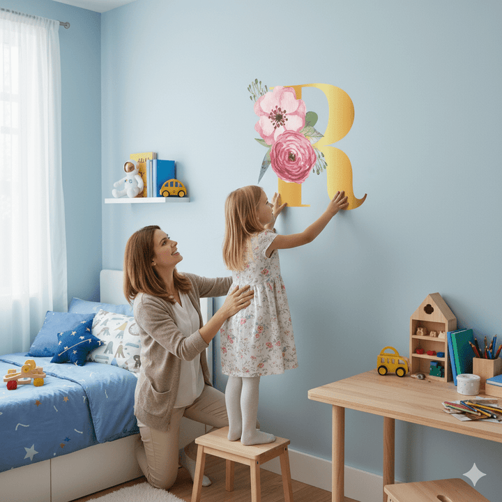 Floral Gold Initial Wall Decal - Girls wall - art - picture - poster