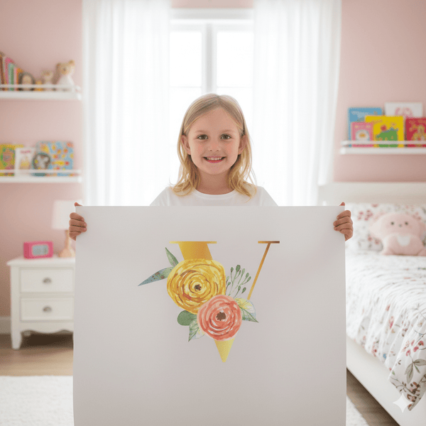 Floral Gold Initial Wall Decal - Girls