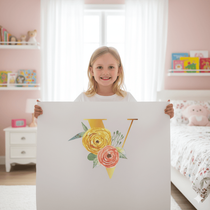 Floral Gold Initial Wall Decal - Girls wall - art - picture - poster