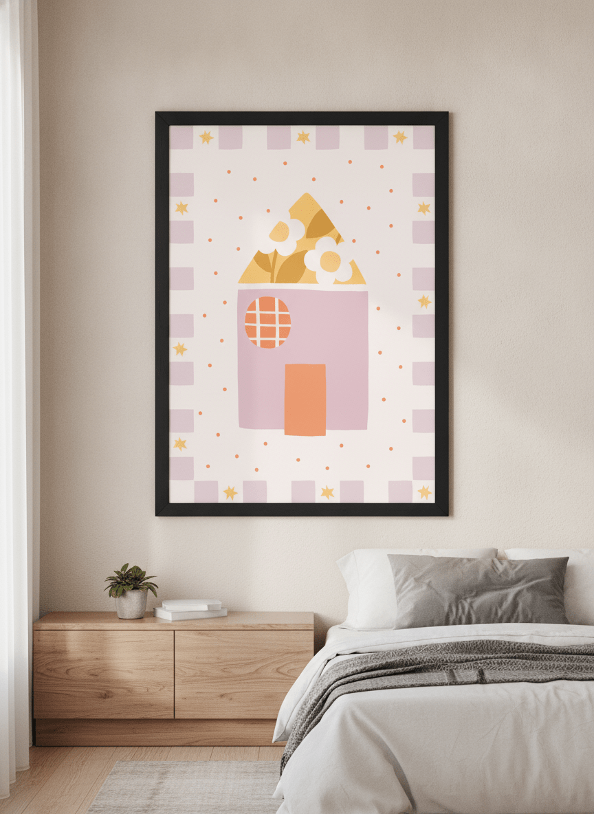 Minimalist artwork displayed in a calm, light-filled bedroom interior
