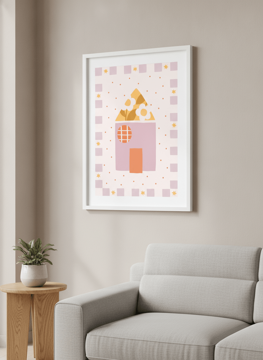 Modern wall art styled above a sofa in a neutral living room