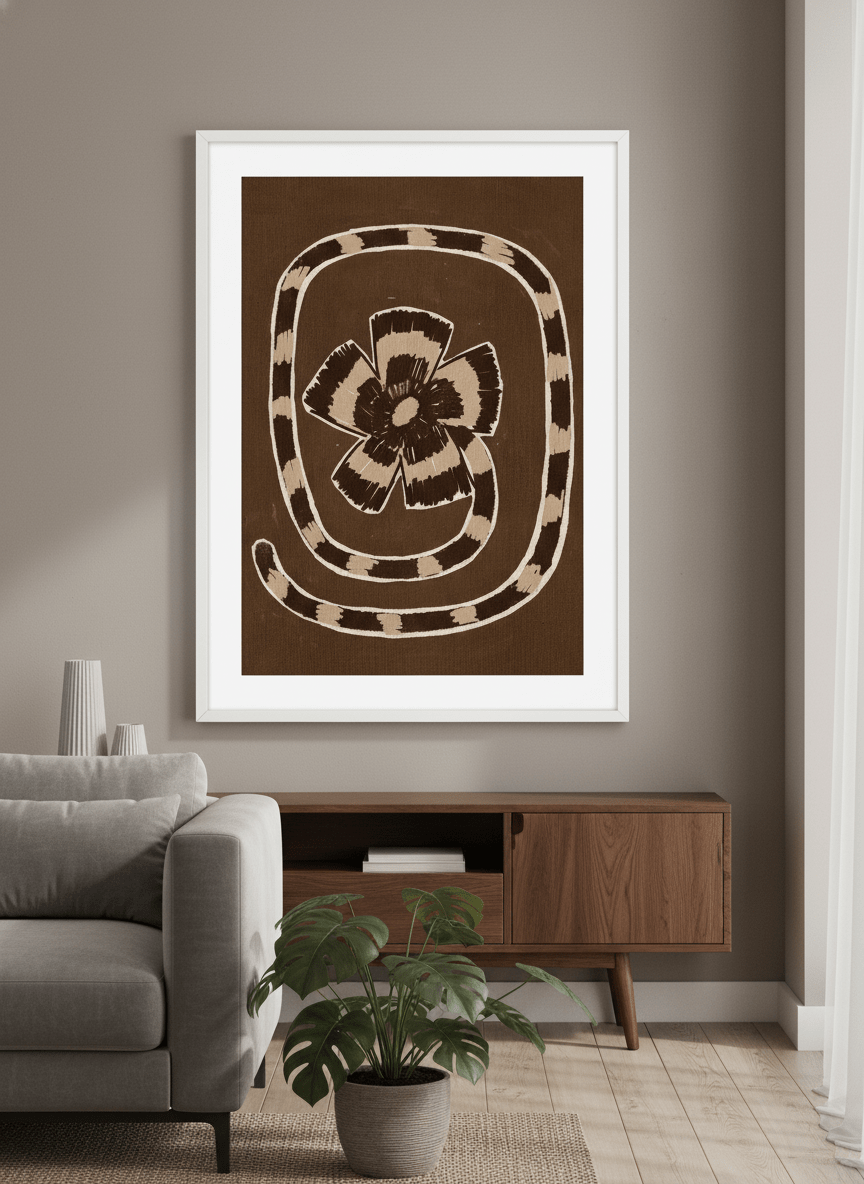 Modern wall art styled above a sofa in a neutral living room