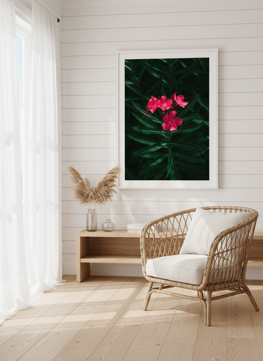 Neutral wall art displayed in a sunny coastal beach house