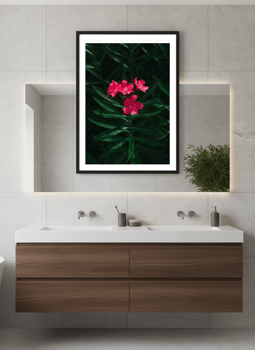 Modern print displayed in a clean minimalist bathroom setting