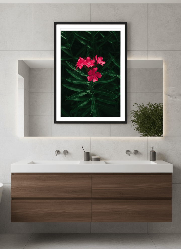 Modern print displayed in a clean minimalist bathroom setting