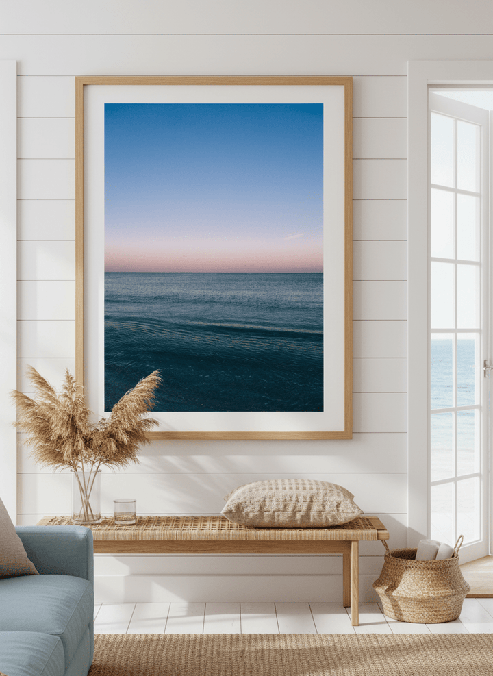 Neutral wall art displayed in a sunny coastal beach house