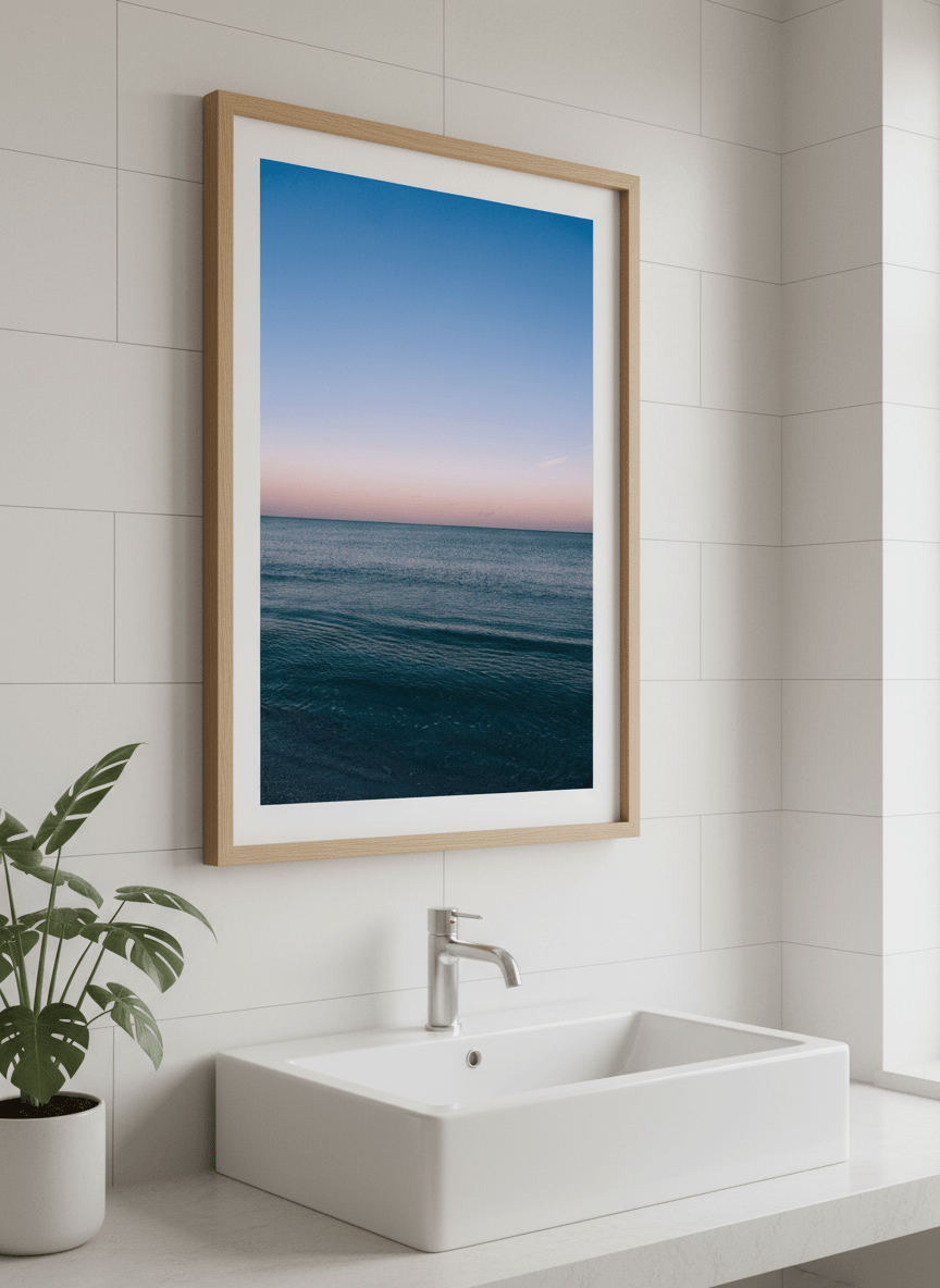 Modern print displayed in a clean minimalist bathroom setting
