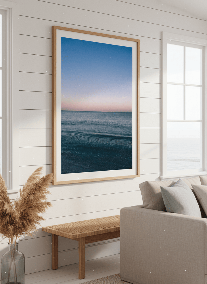Neutral wall art displayed in a sunny coastal beach house