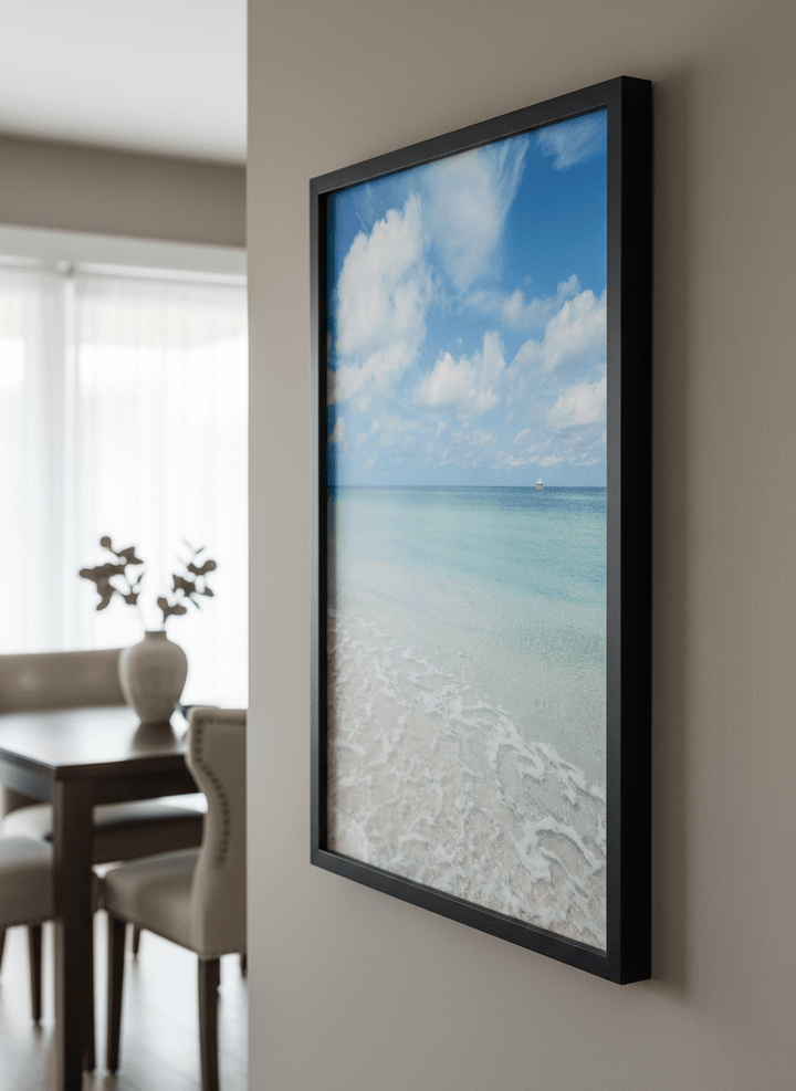 Wall art styled above a dining table in a contemporary home