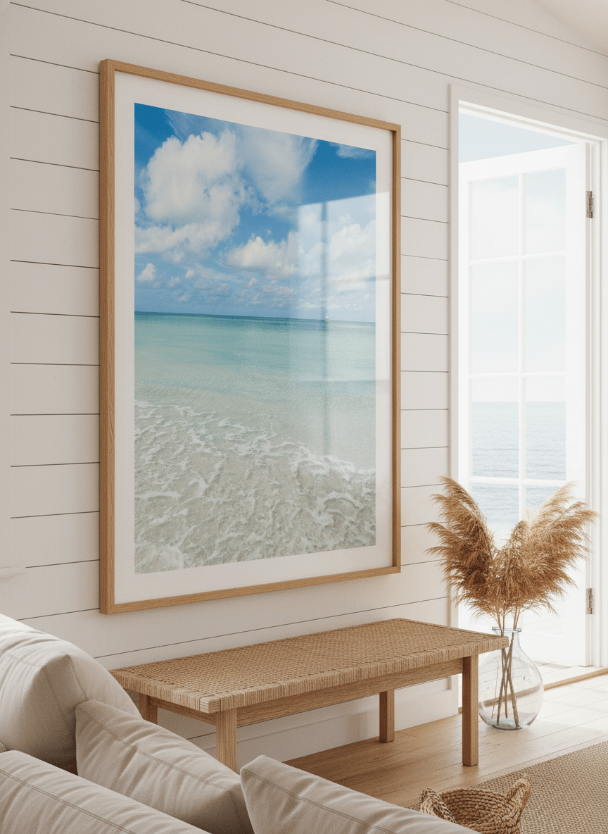Neutral wall art displayed in a sunny coastal beach house