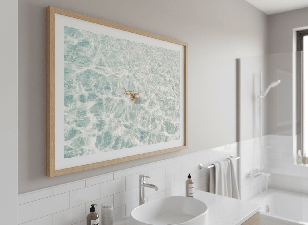 Modern print displayed in a clean minimalist bathroom setting