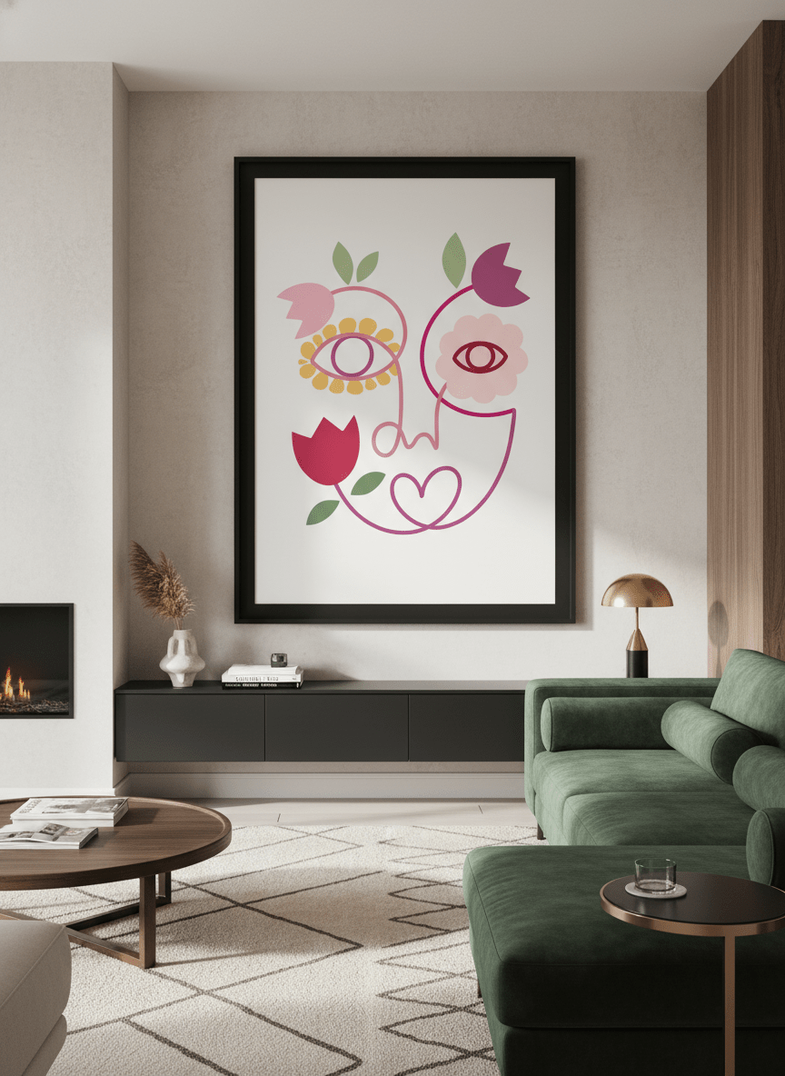 Monumental artwork centred on a feature wall in a luxe interior
