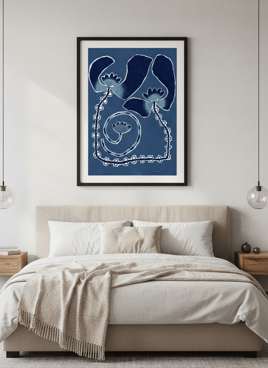 Minimalist artwork displayed in a calm, light-filled bedroom interior