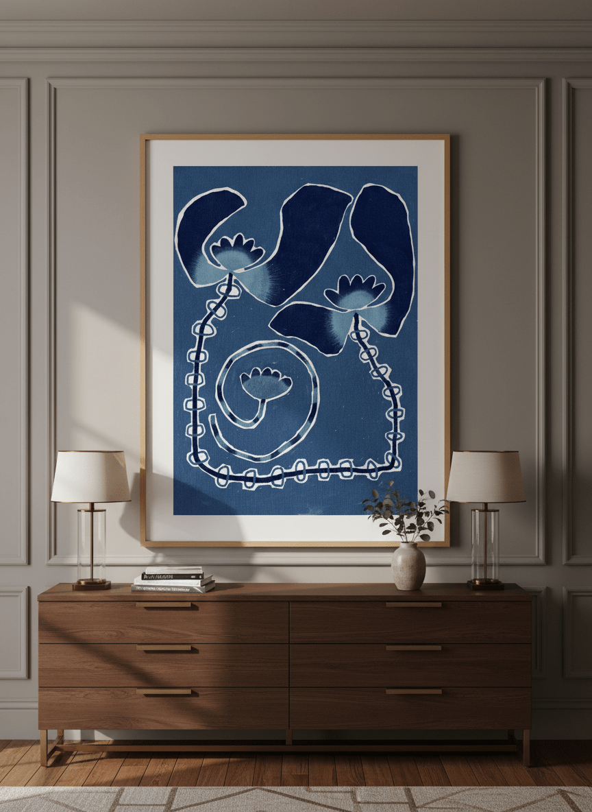Monumental artwork centred on a feature wall in a luxe interior