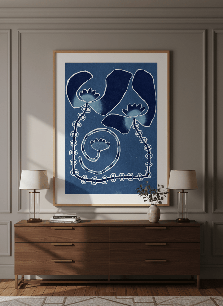 Monumental artwork centred on a feature wall in a luxe interior