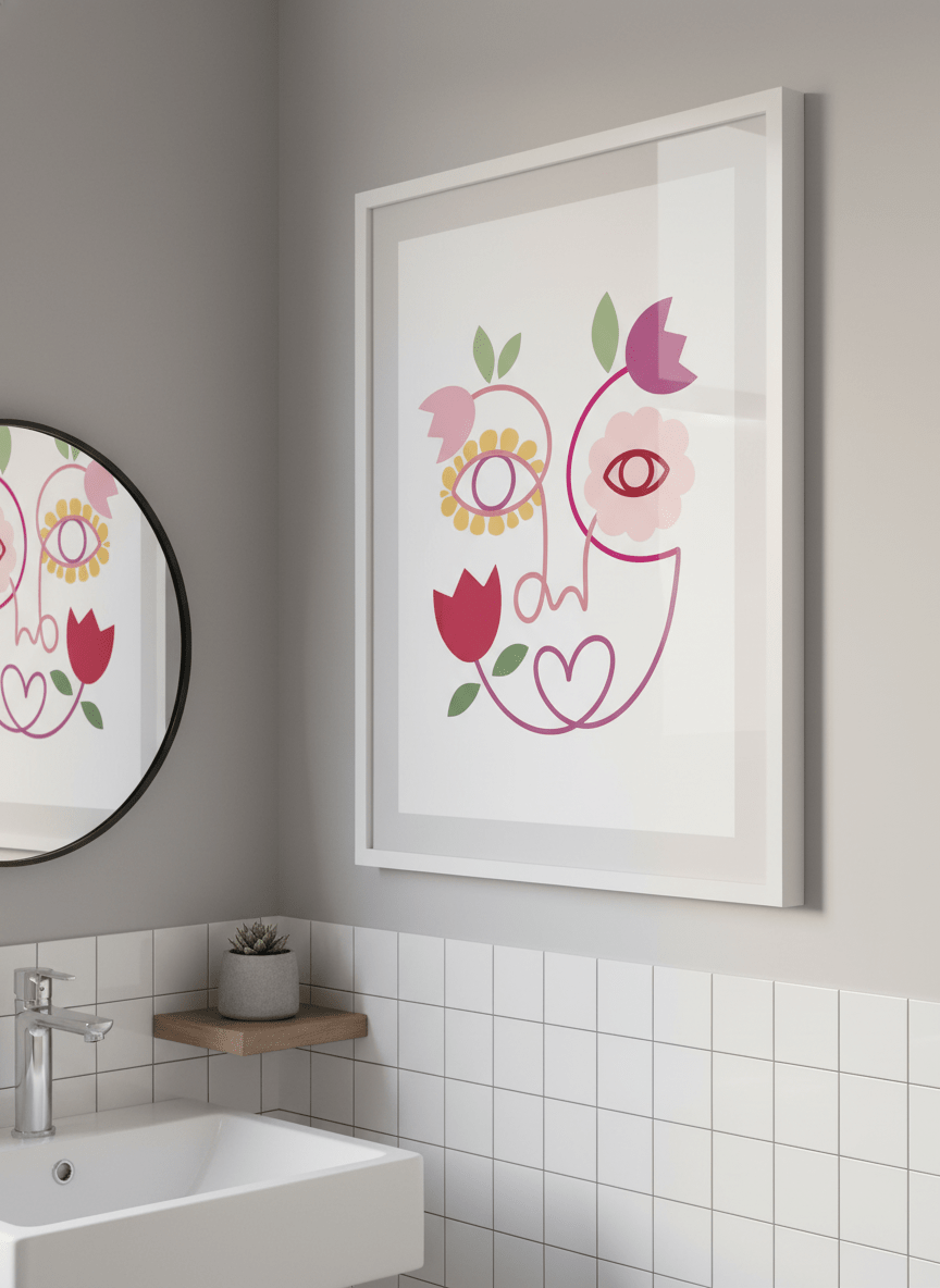 Modern print displayed in a clean minimalist bathroom setting