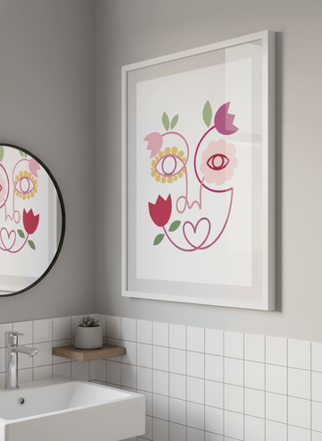 Modern print displayed in a clean minimalist bathroom setting