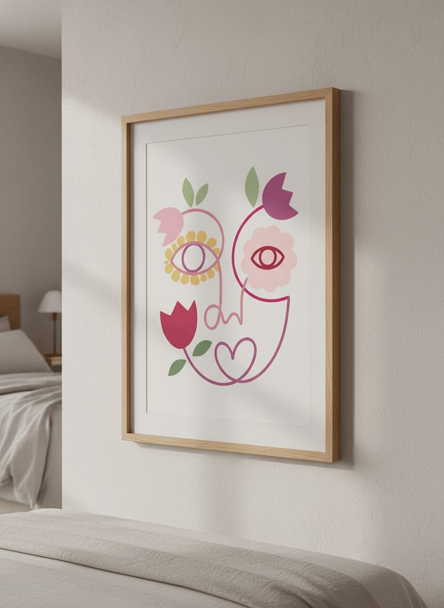 Minimalist artwork displayed in a calm, light-filled bedroom interior