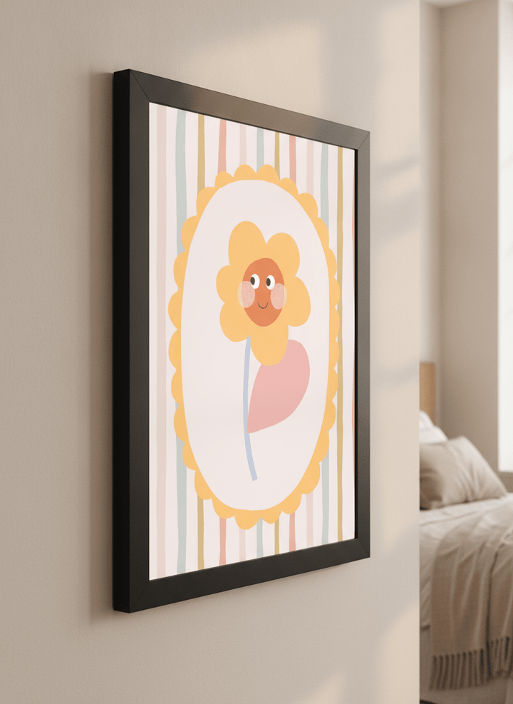 Minimalist artwork displayed in a calm, light-filled bedroom interior