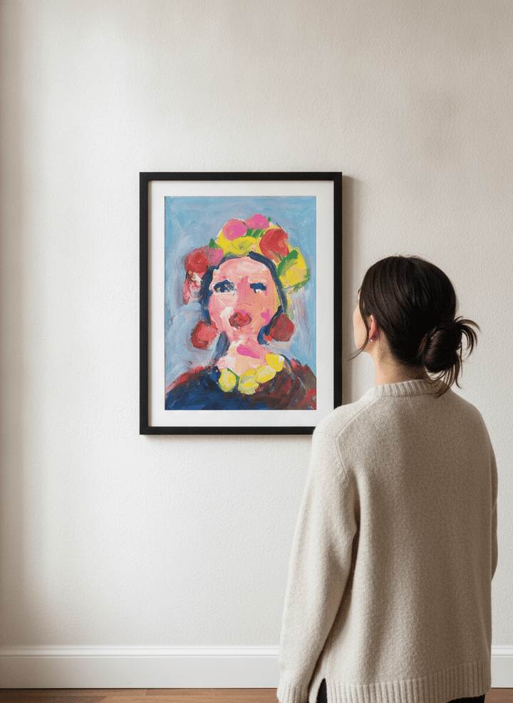 Person showcasing the artwork against a clean modern interior wall