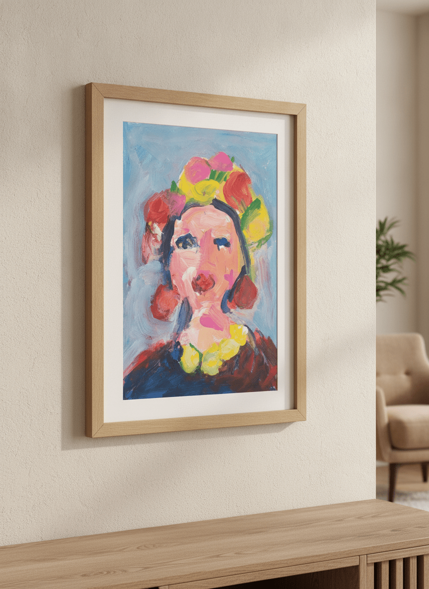 Modern wall art styled above a sofa in a neutral living room