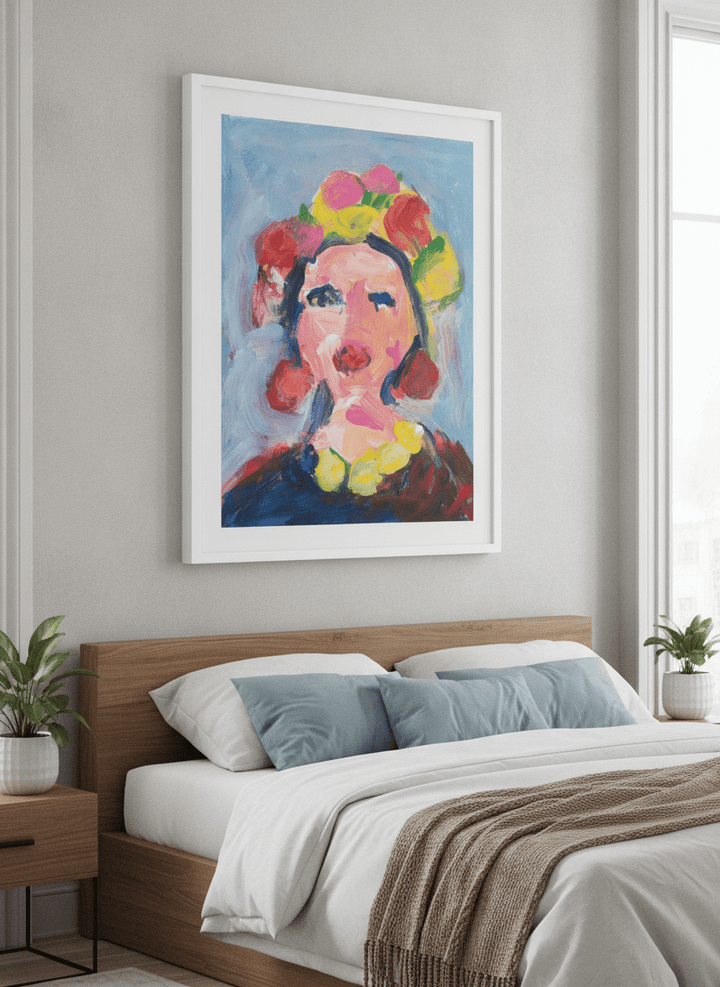 Minimalist artwork displayed in a calm, light-filled bedroom interior
