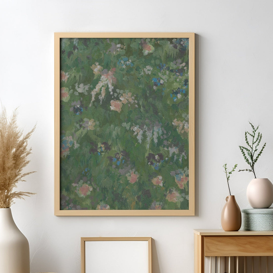 Floral artwork on a wall with decorative vases and plants.