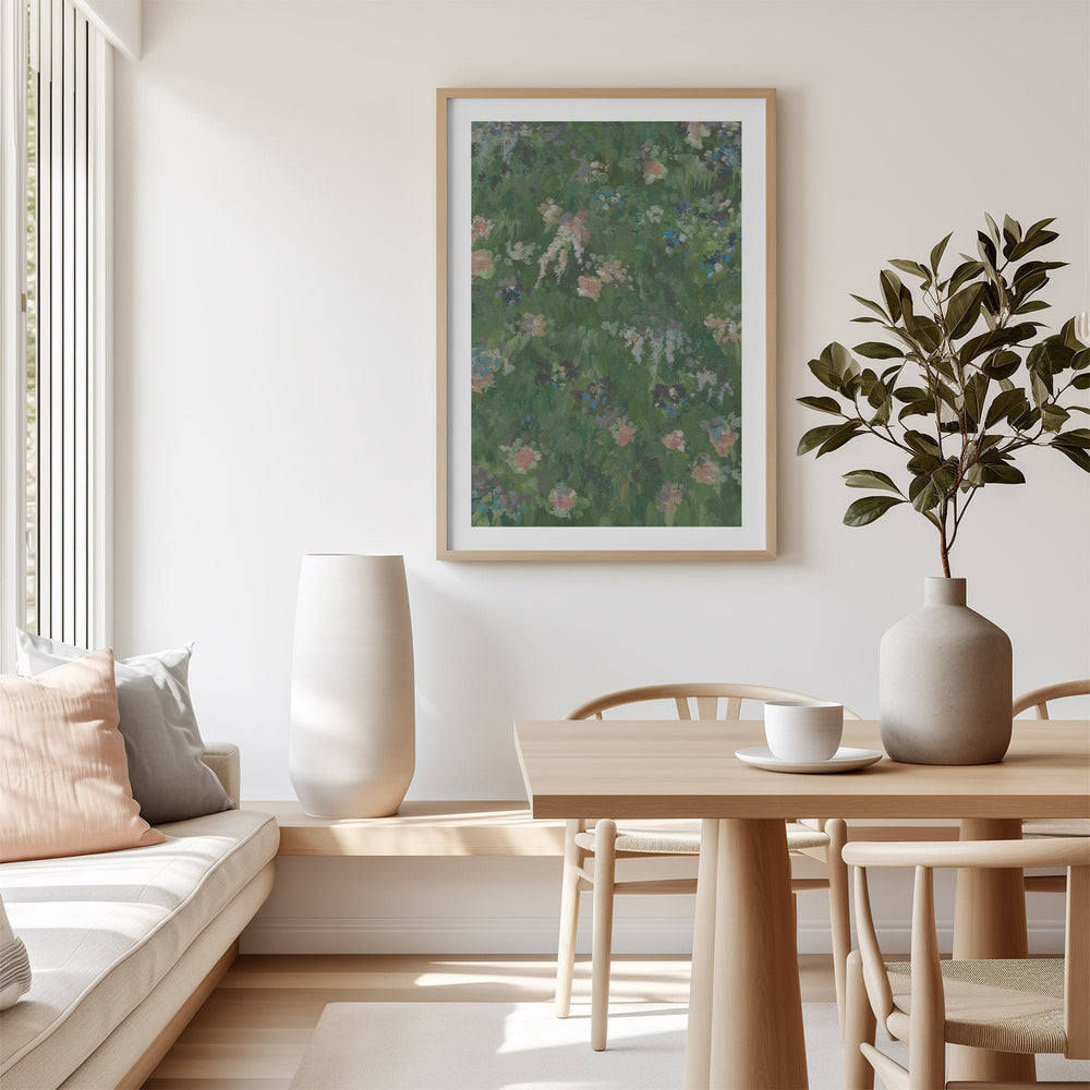 Modern living room with artwork, plant, and wooden furniture.
