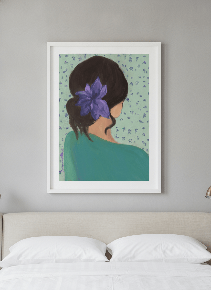 Minimalist artwork displayed in a calm, light-filled bedroom interior