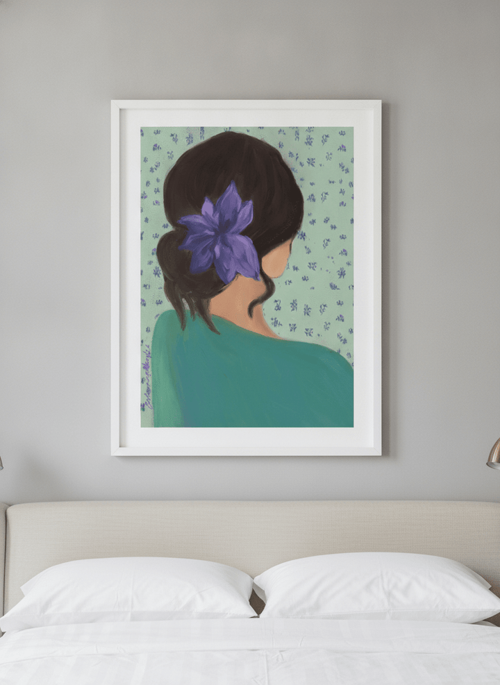 Minimalist artwork displayed in a calm, light-filled bedroom interior