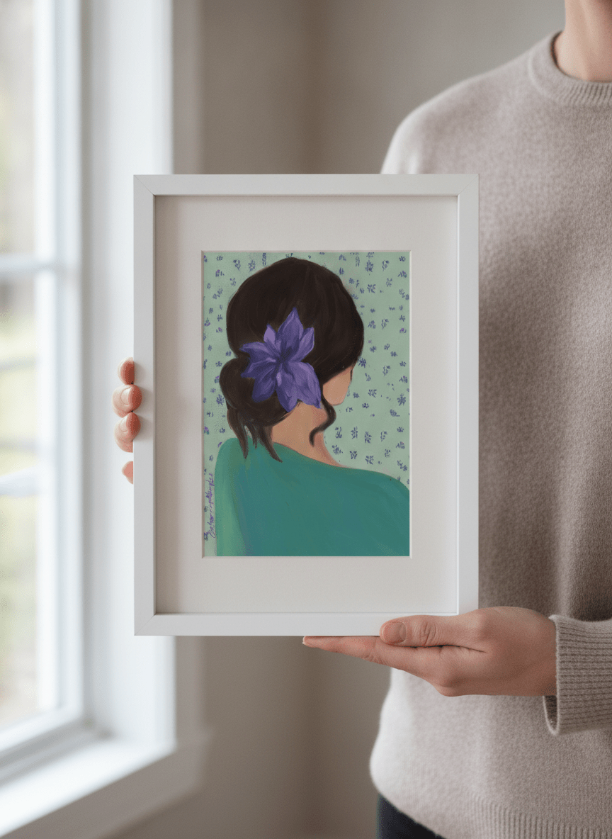 Person showcasing the artwork against a clean modern interior wall