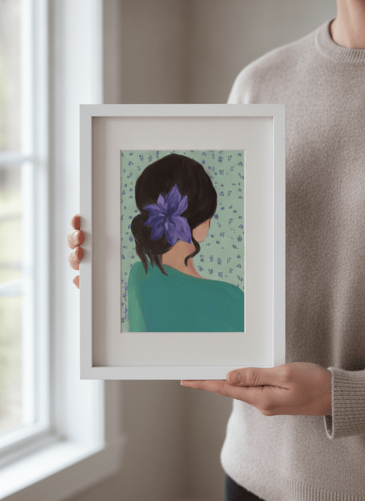 Person showcasing the artwork against a clean modern interior wall