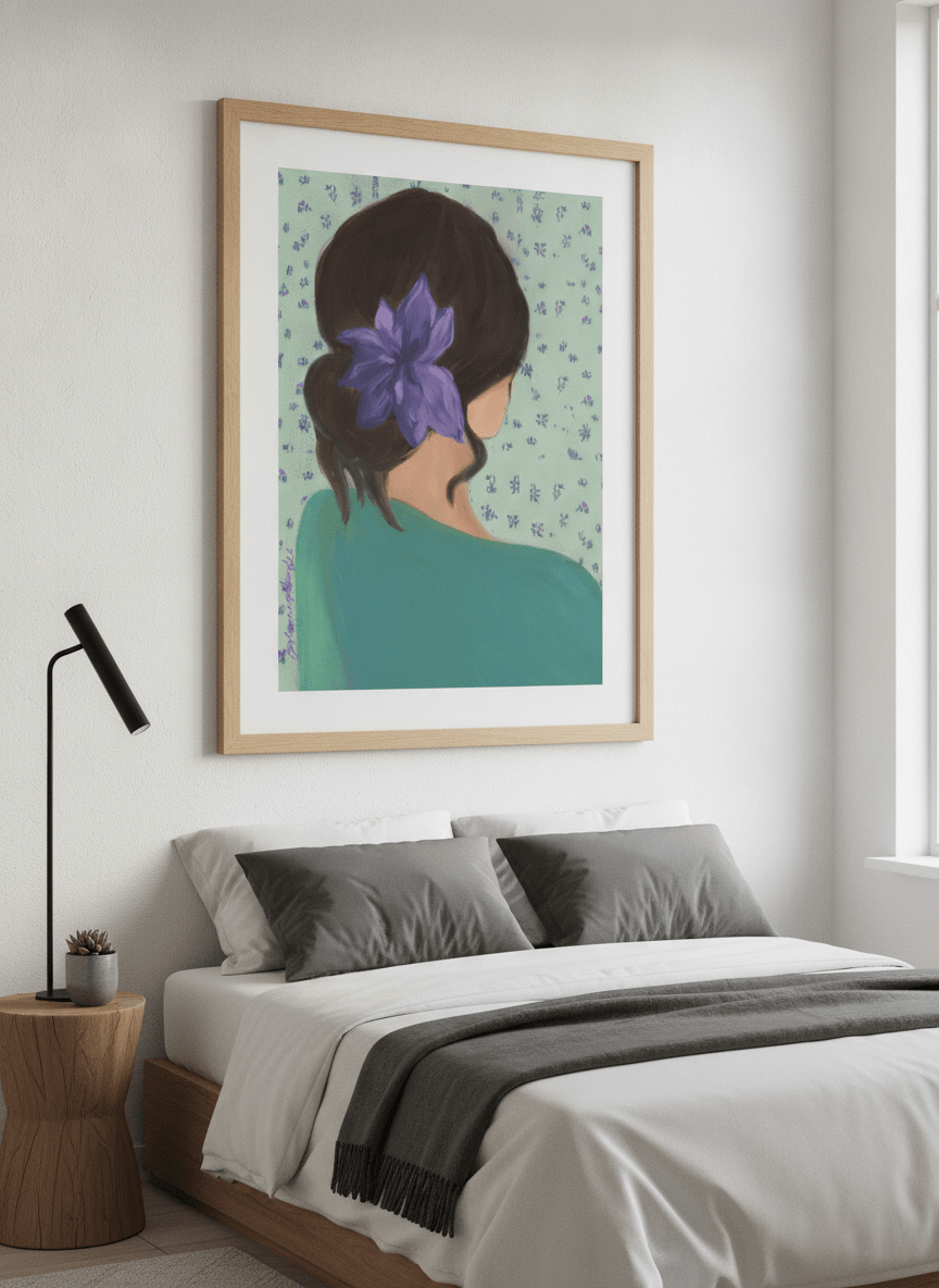 Minimalist artwork displayed in a calm, light-filled bedroom interior