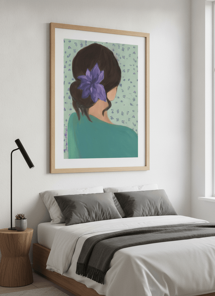 Minimalist artwork displayed in a calm, light-filled bedroom interior
