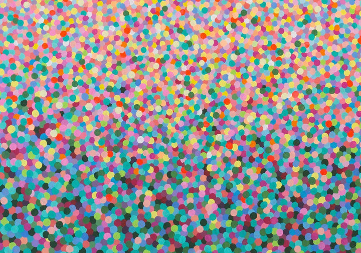 Multicolored confetti pattern on a pink background framed