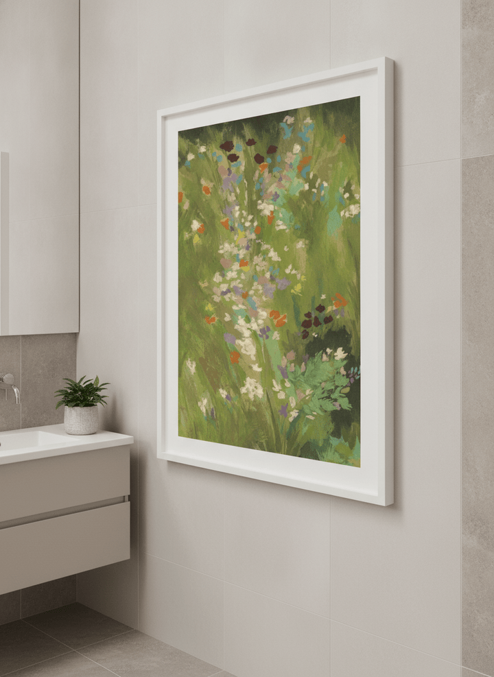 Modern print displayed in a clean minimalist bathroom setting