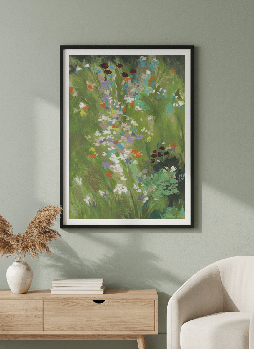 Minimalist artwork displayed in a calm, light-filled bedroom interior