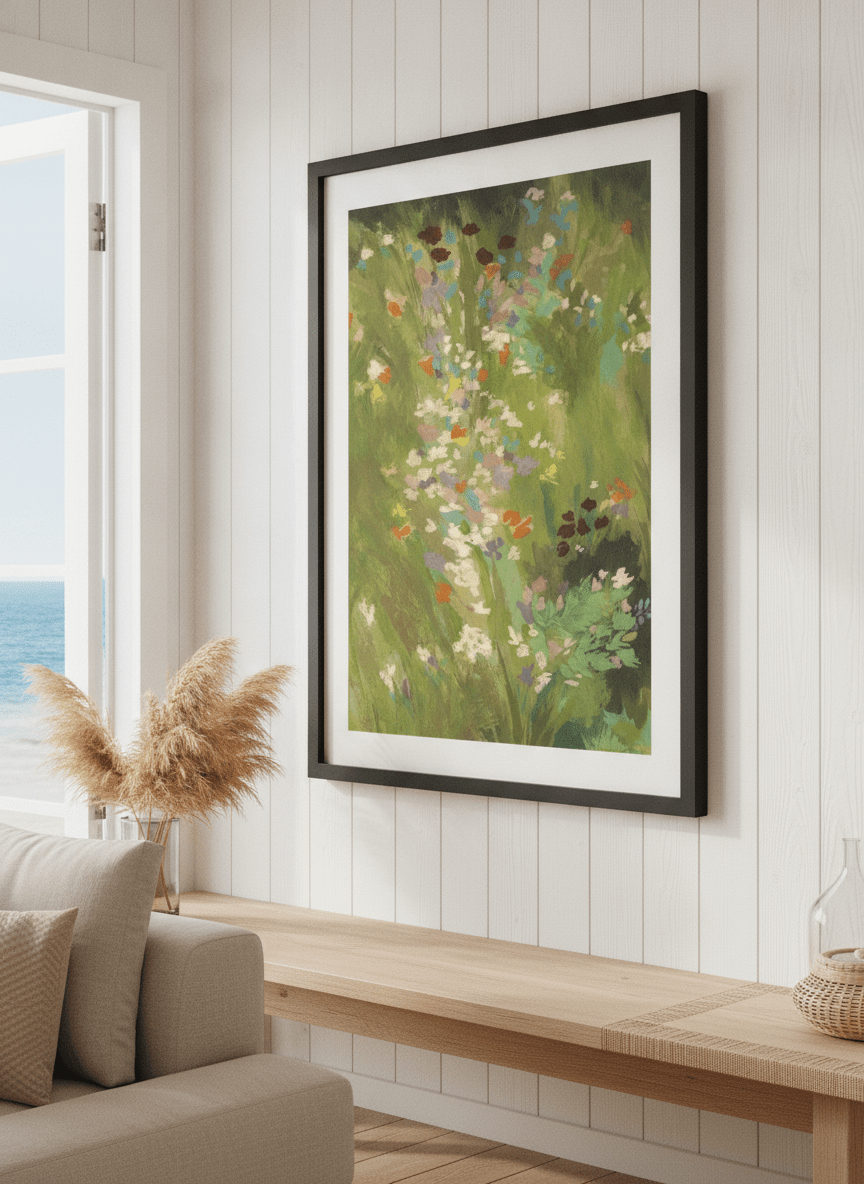 Neutral wall art displayed in a sunny coastal beach house