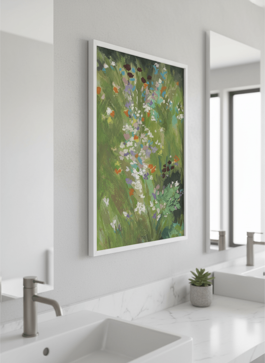 Modern print displayed in a clean minimalist bathroom setting